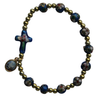 Armband - Rosenkranz blau, Perlen und Kreuz echt cloisonnè