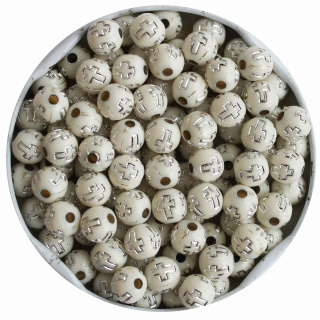 cremeweiße Perlen mit silbernem Kreuz, 7,5 mm, Kunststoff ( 60 Stück )