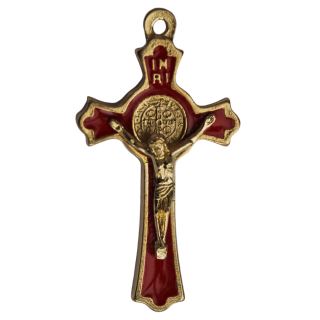 Benediktuskreuz, goldfarben / rot, 5,0 cm, goldfarbener Corpus