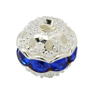 Filigranperlen, 10 mm, silberfarben / blau ( 60 Stück ) mit Glassteinen