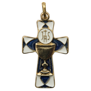 Kreuz " Kelch + Hostie ", goldfarben / blau, 3,8 cm