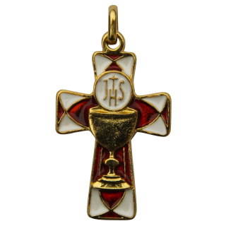 Kreuz " Kelch + Hostie ", goldfarben / rot, 3,8 cm