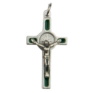 Benediktuskreuz klein, silberfarben / grün, 3,6 cm