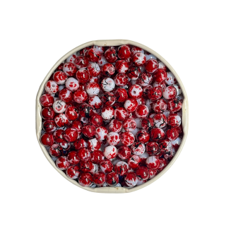 60 Glasperlen 6 mm, weinrot- wei&szlig;, marmoriert, mit d&uuml;nnen schwarzen Linien