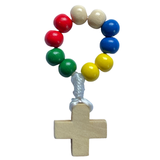 Kinder-Rosenkranz mit bunten Holzperlen, gekn&uuml;pft, mit Holzkreuz