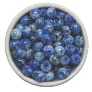 300 Glasperlen 6 mm, dunkelblau-wei&szlig;, marmoriert, mit d&uuml;nnen schwarzen Linien
