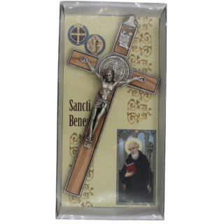 gro&szlig;es Benediktuskreuz 19 cm, Metall mit Olivenholz - Einlage