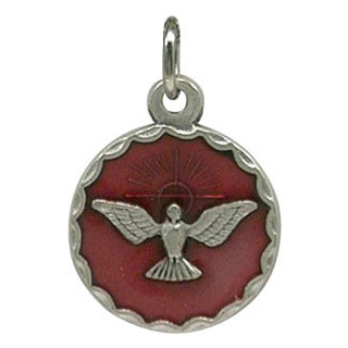 Medaille Hl. Geist, silberfarben / rot, mit Ring, 1,8 cm